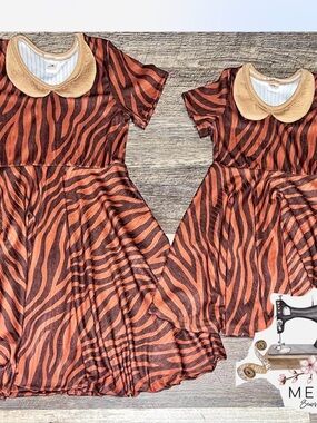 Girls' Zebra Print Brown Dress with Peter Pan Collar